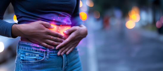 Close-up of a woman's hands holding her stomach. Severe abdominal pain. A panoramic image with space for text.