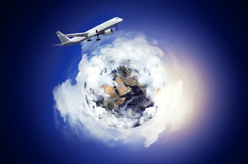 Airplane flying around the globe covered with clouds, collage. Elements of this image furnished by...