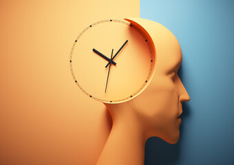 Human head profile with clock in place of brain.