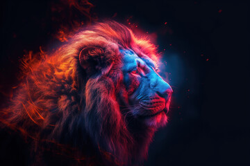 Fototapeta premium multicolored profile of neon glow face lion on black background
