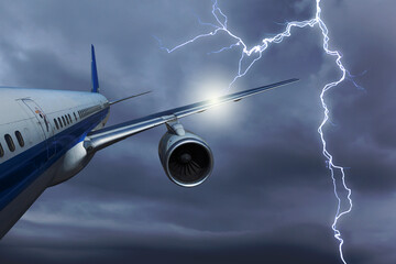 Lightning hits the wing of an airplane, collage