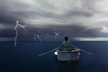 Woman on boat in front of an approaching thunderstorm, collage