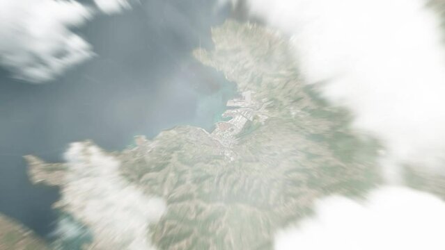 Earth zoom in from space to Koper, Slovenia. Followed by zoom out through clouds and atmosphere into space. Satellite view. Travel intro. Images from NASA