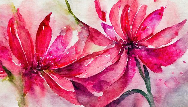Watercolor Painting of Pink Flowers Close-up