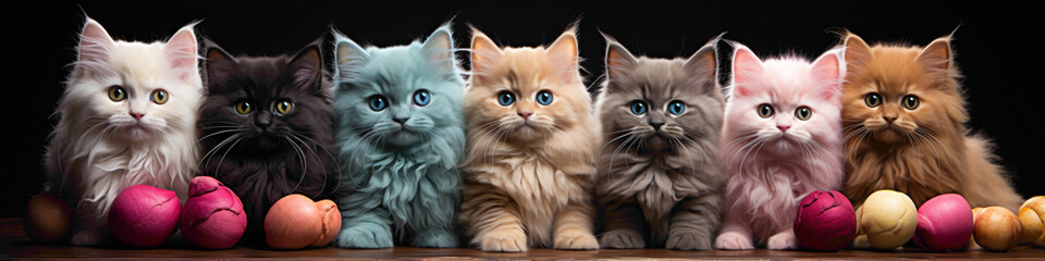 A row of fluffy kittens playing with colorful yarn balls against a backdrop of pastel-colored banners, perfect for a pet-friendly celebration. - obrazy, fototapety, plakaty