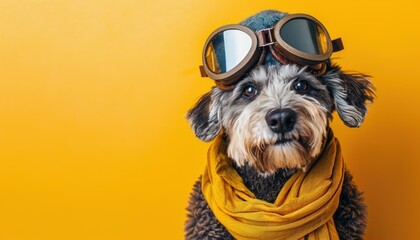 Quirky dog dressed as pilot against yellow background - obrazy, fototapety, plakaty