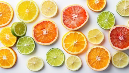 Assorted citrus fruit slices on white background