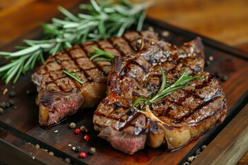 grilled medium rib eye steak with rosemary and pepper macro ai generative, Grilled medium rib eye steak with rosemary and pepper.