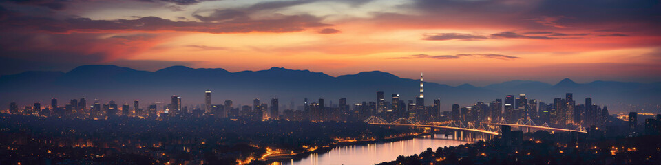 A city skyline at dusk, captured from a high vantage point, with a banner promoting urban development and smart city initiatives.