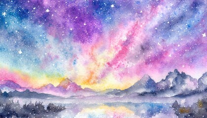 Watercolor Painting of Cosmic Sky Over Mountain Landscape