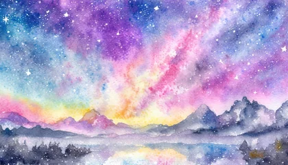 Cercles muraux Violet Watercolor Painting of Cosmic Sky Over Mountain Landscape