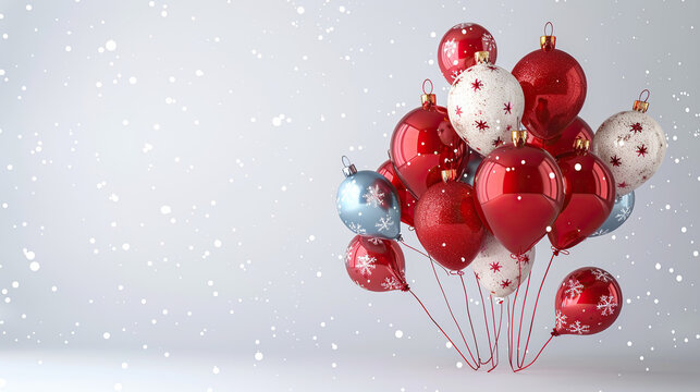 Christmas balls or balloons on one corner of white greeting card, holiday celebrations