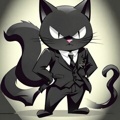 black cat illustration in black suit