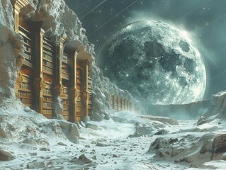 Moon Library in a crater ancient texts - obrazy, fototapety, plakaty
