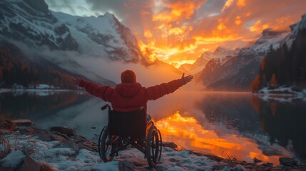 A boy sitting in a wheelchair on a serene lakeside, arms lifted in awe, as the sunset reflects off the water, creating a tapestry of colors against the mountainous landscape in the distance 