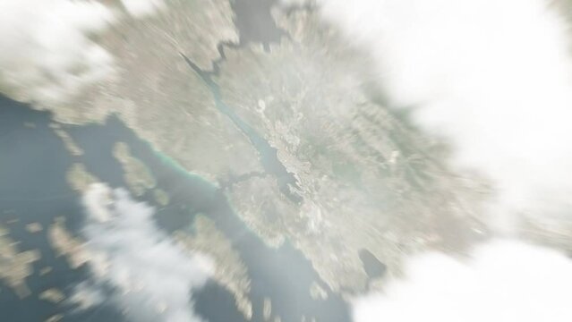Earth zoom in from space to Sibenik, Croatia. Followed by zoom out through clouds and atmosphere into space. Satellite view. Travel intro. Images from NASA