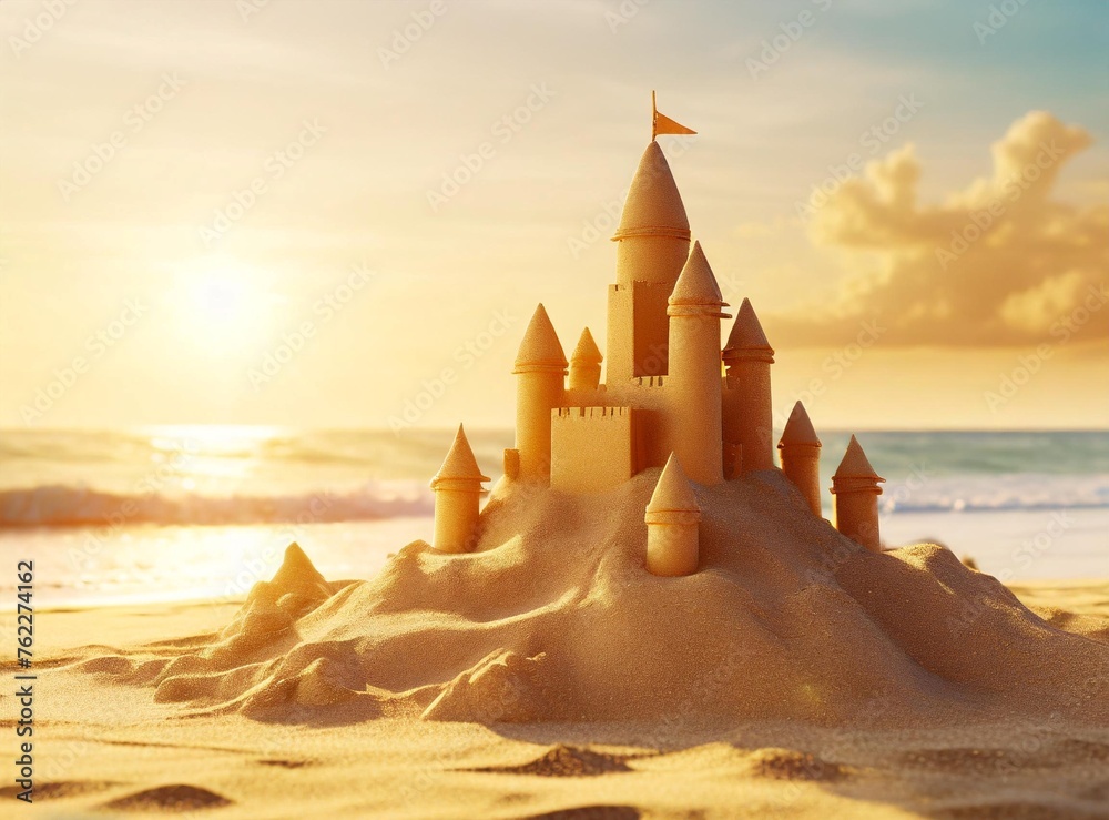 Sticker Sand Castle 3D Rendering Illustration Design. Beach Background/Wallpaper. Travel/Summer vacation creative concept.