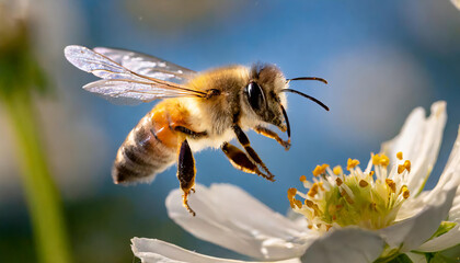 Biene fliegt auf Blüte zu