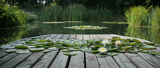 Foto op Canvas Tranquil scene of water lilies floating on a pond near a wooden dock at sunset. © Szalai