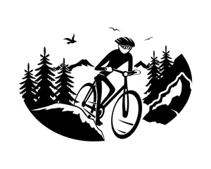 Cyclist icon rides a bicycle in nature on a white background.