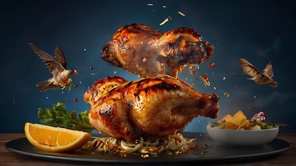 Grilled chicken and wings on a plate, surrounded by delicious barbecue sauce, a perfect meal for lunch or dinner