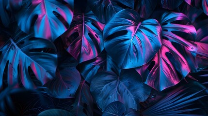 tropical leaves in ultraviolet light - obrazy, fototapety, plakaty