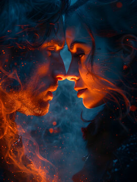 Man and woman on fire in the dark kiss