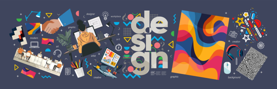 Design, creativity and business. Vector modern abstract  geometric illustration of advertising agency, graphic design at computer at work, handshake, creative office for poster, flyer or background