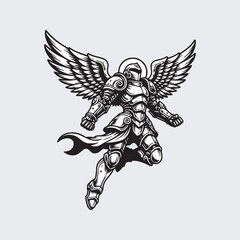 knight warrior paladin full armor with wings flying black and white vector illustration