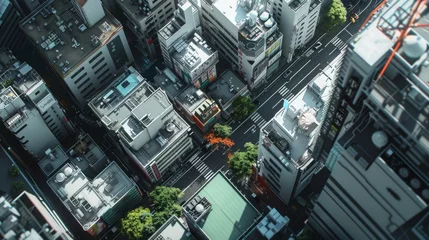 Fotobehang top down image, realistic cityscape, skyscrapers, cars, houses, 16:9 © Christian