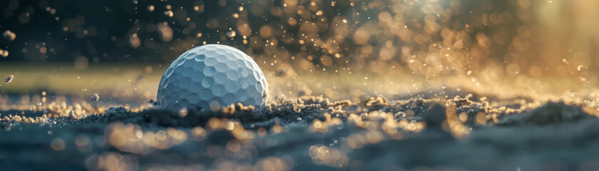 Close-up of a golf ball explode on a pile of sand. Golf ball landing in a sand trap, Golf Ball Being Hit, captured in high-speed photography against a dark background.