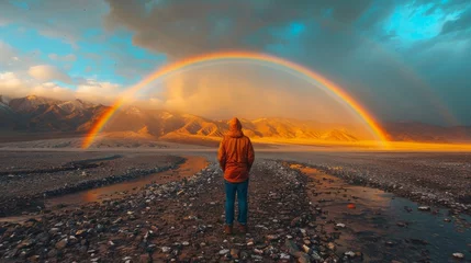 Fotobehang Vinicunca photo rainbow colors, mountains, national park, man standing from the back, outdoor, hiking, 