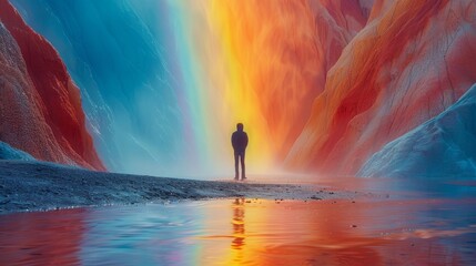 photo rainbow colors, mountains, national park, man standing from the back, outdoor, hiking, 