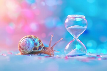 A snail crawls next to an hourglass on a pastel background