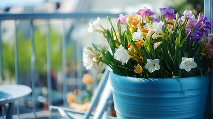 A blue planter overflowing with blooming freesias flowers on a balcony - obrazy, fototapety, plakaty
