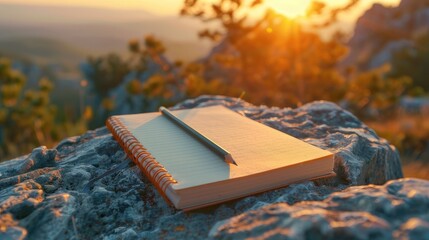 a sunrise or sunset from a secluded vantage point, featuring an open journal and pencil resting on a rock, where reflections on Earth Day are penned.