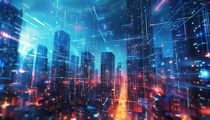 Fotobehang Abstract background with lights. Background with an ultra-modern city against the background of 3D holograms with news. Data concept. © michalsen