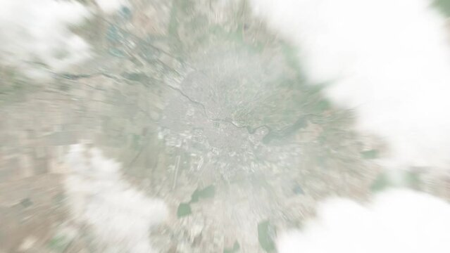 Earth zoom in from space to Oradea, Romania. Followed by zoom out through clouds and atmosphere into space. Satellite view. Travel intro. Images from NASA