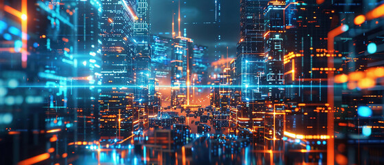 Abstract background with lights. Background with an ultra-modern city against the background of 3D holograms with news. Data concept.