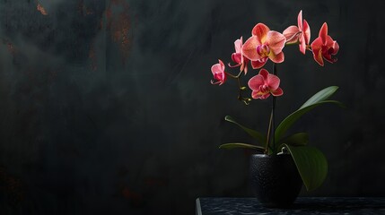 A flowerpot containing a blooming orchid is placed on a black stone table against a dark background. space available for text. 