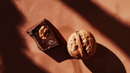 Peeled walnuts and delicious piece of dark chocolate on aesthetic dark brown background. Chocolate ad. Generative AI