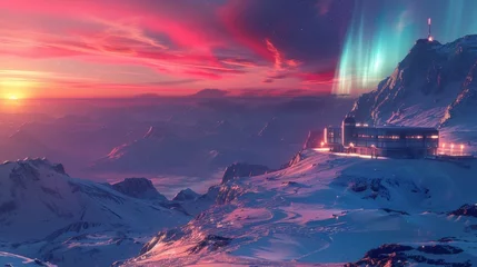 Selbstklebende Fototapeten Snow-clad observatory under the aurora radiant skies © AlexCaelus