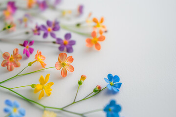 Colorful and beautiful flowers isolated in minimalist copy space white background, abstract flowers wallpaper concept, Beautiful flowers with empty space for text, top view of colorful spring flowers