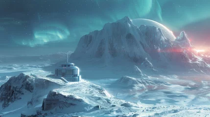 Photo sur Plexiglas Aurores boréales Snow-clad observatory under the aurora radiant skies