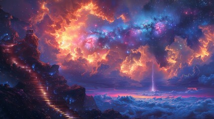Starry nebula forest shrine under a cosmic cascade - obrazy, fototapety, plakaty