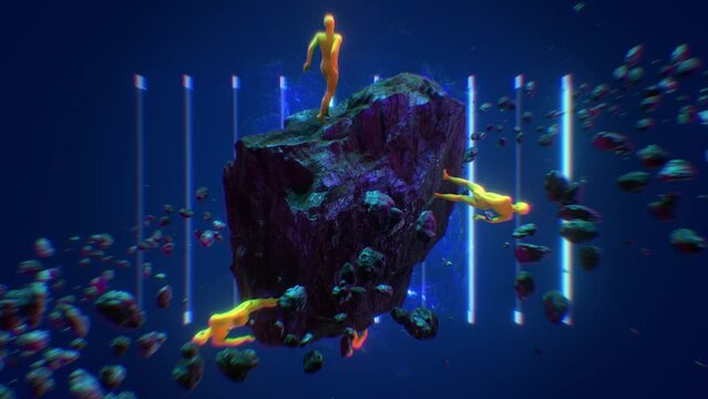A surreal abstract looping sequence featuring a group of figures wearing bright orange skin tight suits and dancing on a floating rock formation, with meteors and pulsating neon lights.