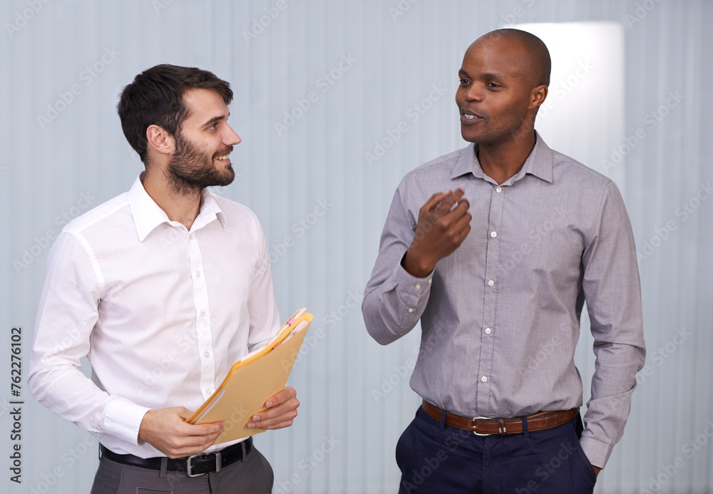 Poster men, paper or smile in office, conversation or exchange of idea for support, trust or networking. bu