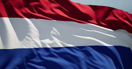 Close-up of the national flag of kingdom Netherlands fluttering in the wind on a sunny day