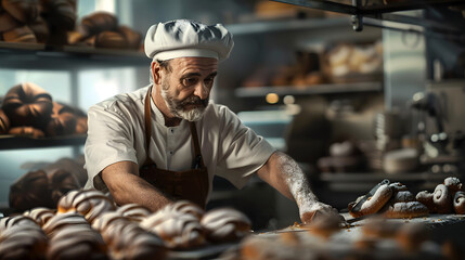 A man baker at work in the bakery