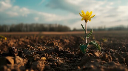 a single yellow flower is growing out of the ground in the middle of a field - Powered by Adobe